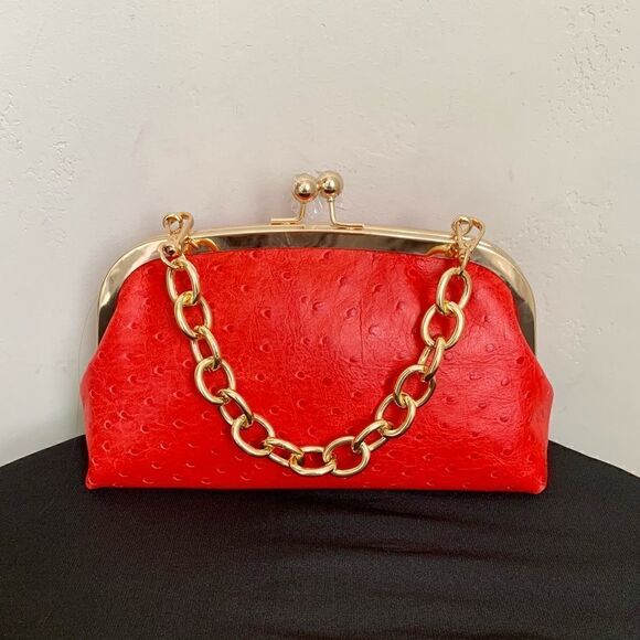 Handmade Genuine Ostrich Textured Cowhide, Kisslock Metal Frame Bag/Crossbody - Picture 1 of 15